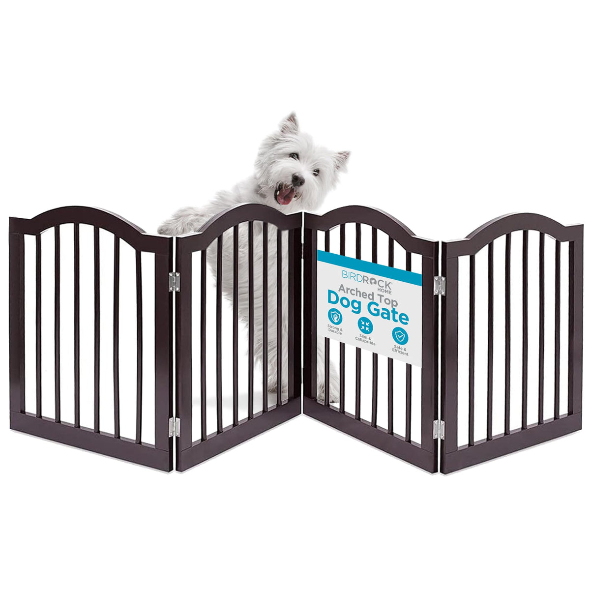 INTERNET'S BEST Arched Top Dog Gate | 4 Panel, 24" H Wooden Pet Barrier for Dogs or Cats | Freestanding Folding Room Divider for Doorways, Hallways, Stairs, and Porch | Portable, Extra Wide | Espresso