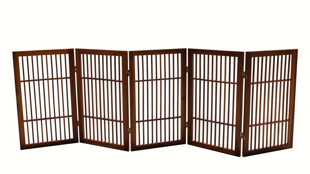 Urnporium Freestanding Wooden Dog Gate Foldable Indoor Pet Gate No Drill Expandable Barrier for Doorways Stairs Hallways Portable Wood Fence for Small Dogs & Puppies (Brown Pet Gate, 6 Panel 24" Tall)