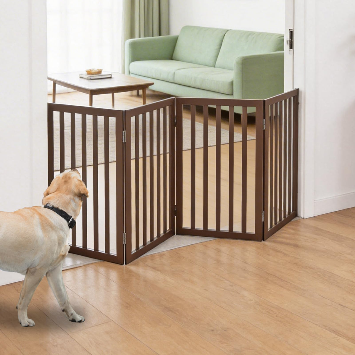 Dog Gate Indoor, Freestanding Dog Fence for The House, Doorways, Hallways,or Stairs,Pet Gate Foldable Wooden,Expandable 24" Height 3 Panels,Brown