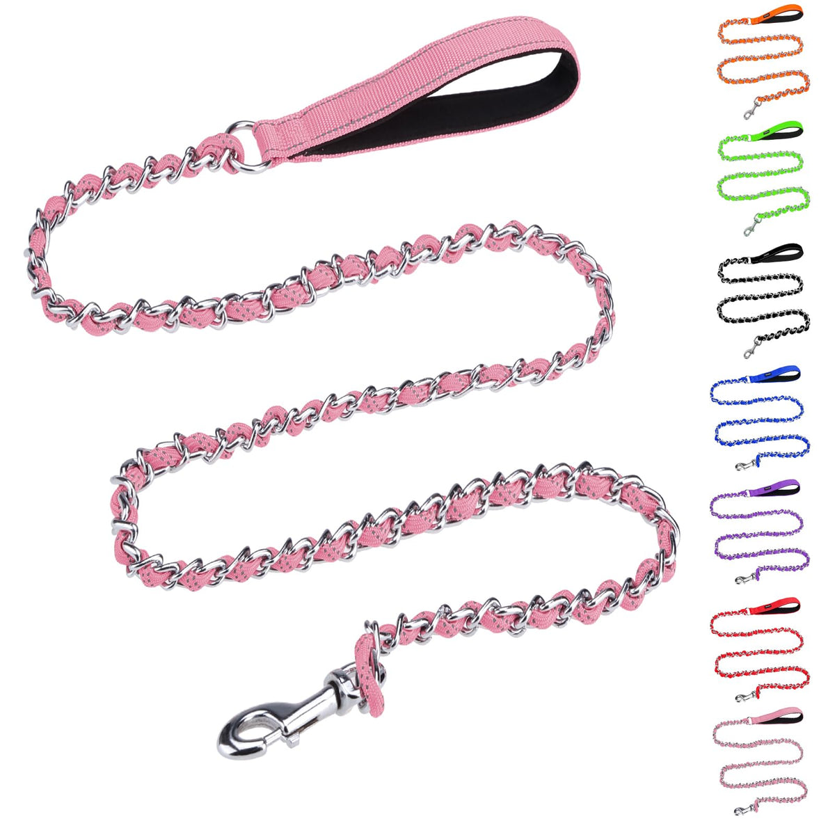 HOMIMP Chew Proof Dog Leash for Medium Large Dogs, Reflective 6 FT Heavy Duty Metal Chain Dog Leashes with Soft Padded Handle, Anti Bite Durable Rope Leashes for Pitbull, Non Chewable