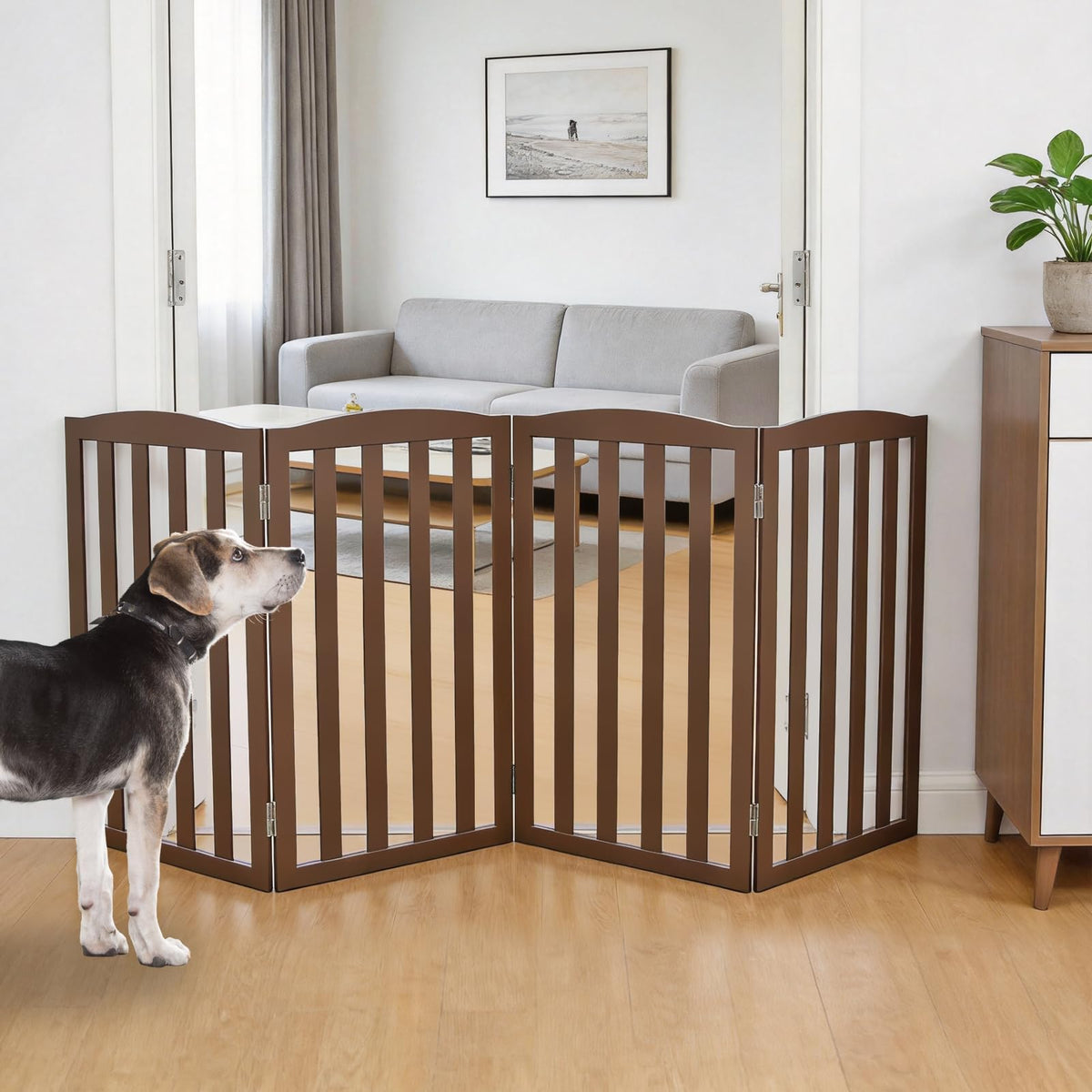 ZJSF Foldable Freestanding Indoor Dog Gate for House Wood White Long Pet Gates Dog Fence for Stairs Puppy Gates for Hallways, Puppy Gate,Support Feet Included, Brown, 24 "Height-3 Panels