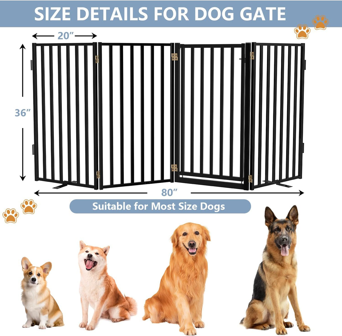 Full Metal Freestanding Dog Gates with Door, 36" Height Dog Fences for Indoor & Outdoor, Extra Wide Foldable Pet Gates for Stairs, Hallways, Doorways, Yard (4 Panels, 80" W × 36" H)