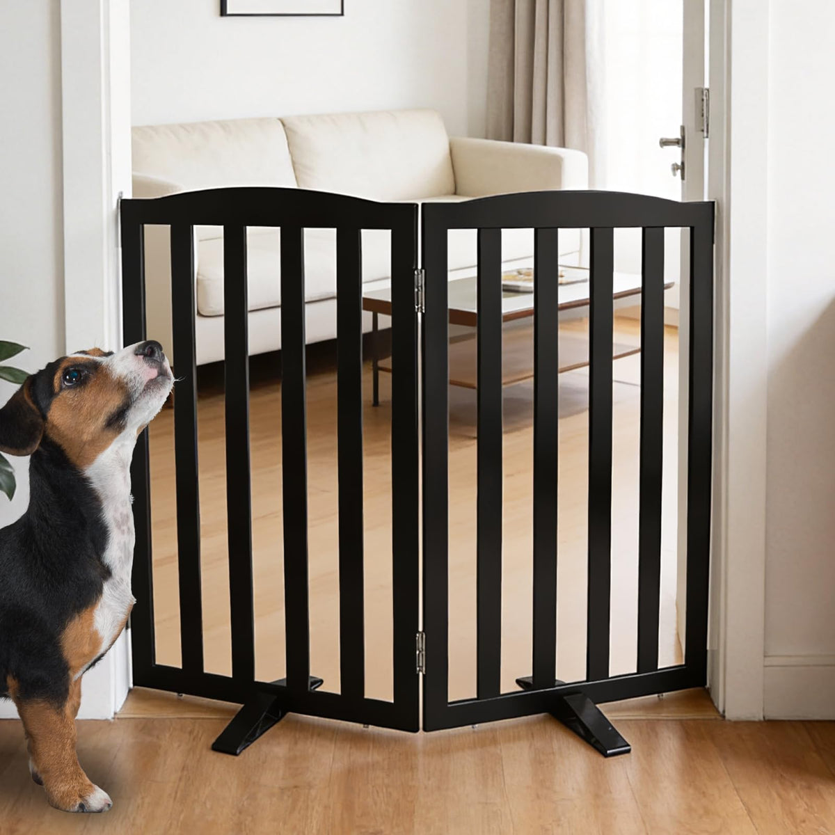 Freestanding Dog Gate Indoor,Doggie Gate Foldable Pet Gates for Doorways,Stairs or Hallways, Wooden Brown Pet Gate for the House, Pet Fence with Support Feet Included,24 "Height-2 Panels