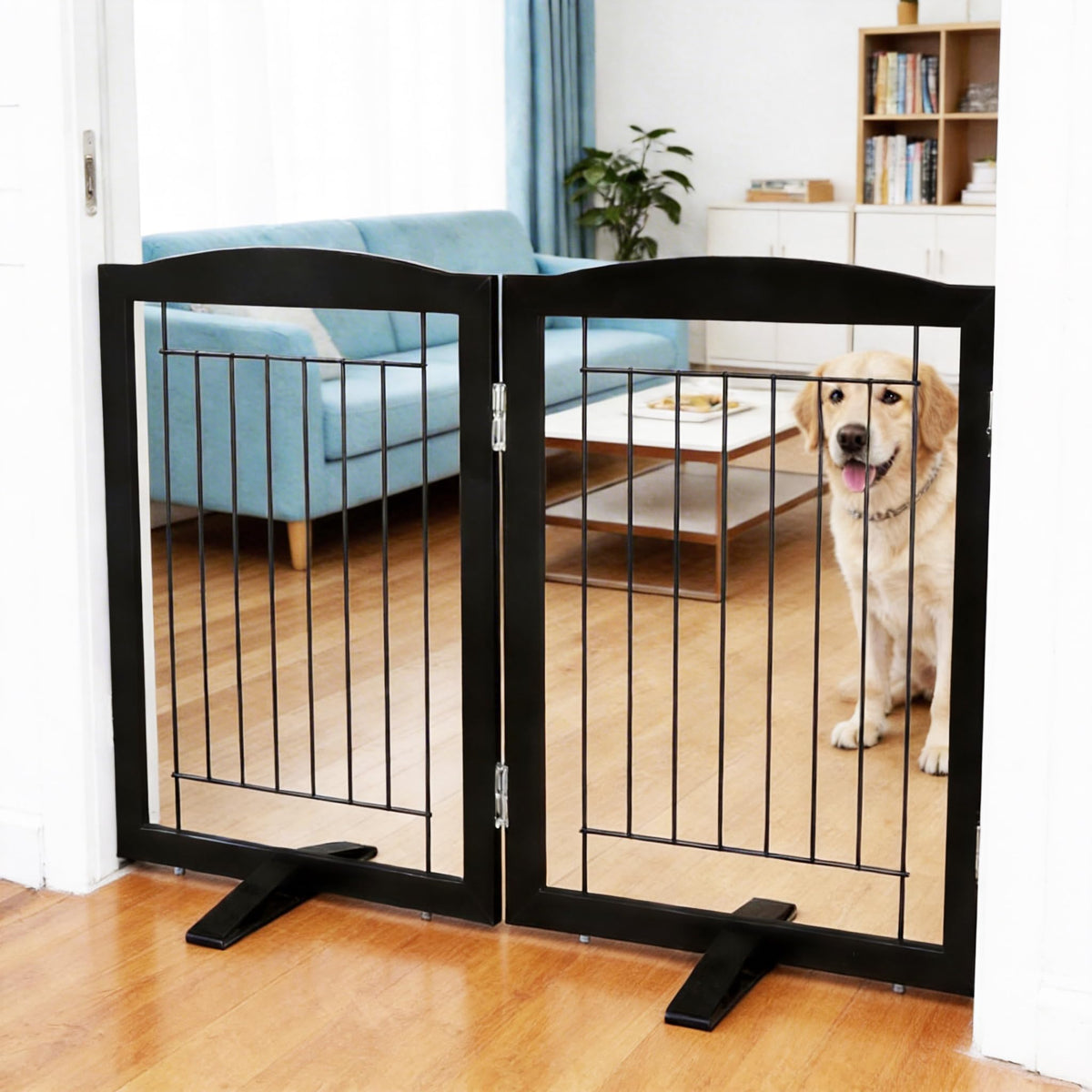 ZJSF Freestanding Dog Fence Indoor, Foldable Dog Gate for Doorways, Stairs or Hallways, Sturdy Wood Extra Wide Pet Gate with Support Feet for The House, White, 24 "Height-3 Panels