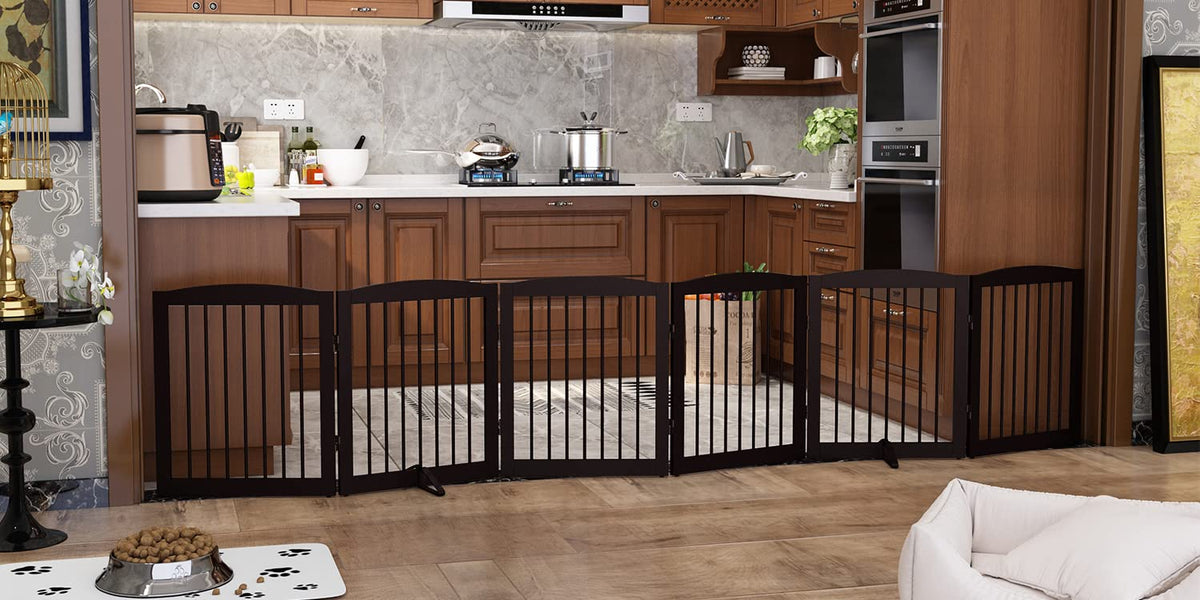 PUPETPO Freestanding Pet Gate for Dogs, Foldable Wooden Dog Gate for House, Indoor Pet Barrier for Stairs, Doorways, Support Feet Included, 24" Height 2 Panels, White