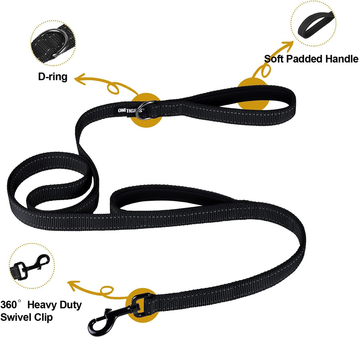 OneTigris No-Pull Dog Leash with Handle for Medium Large Dogs (Black, 4FT)