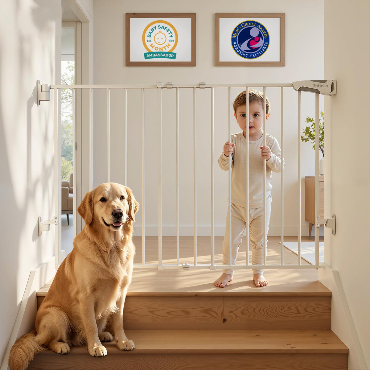Babelio 34" Extra Tall No Bottom Bar Baby Gate, 26-43", Brown Wood Pattern