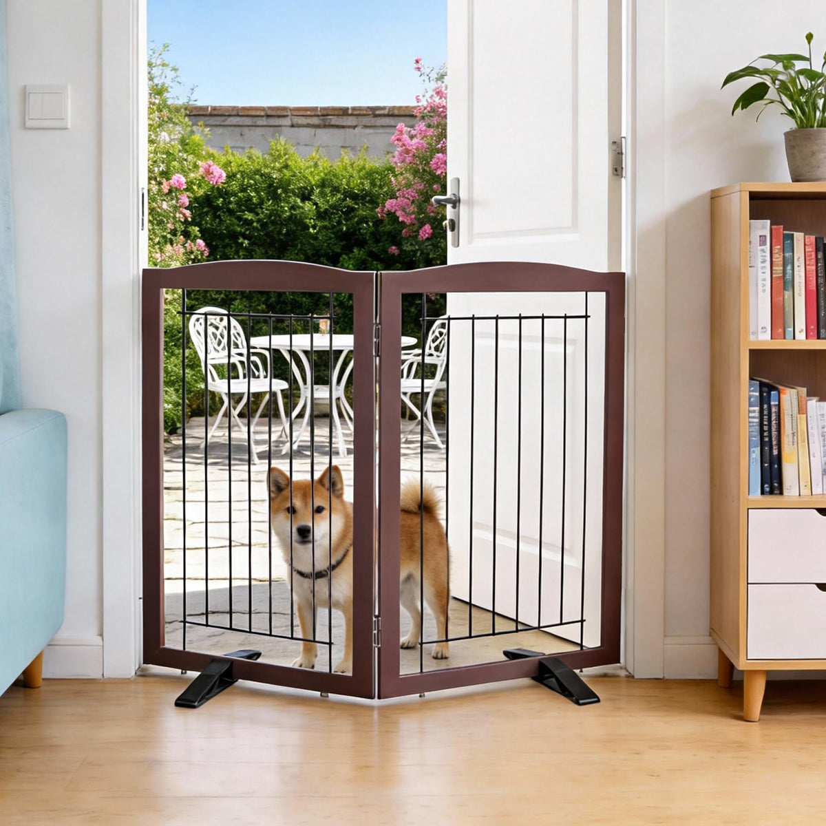 Dog Fence Indoor,Dog Gate Indoor for Doorway pet gate -3-Panel Freestanding, Hallways, House or Stairs -60x24-Inch Retractable Foldable Expandable Wood Pet by SFJC (Brown) ﻿