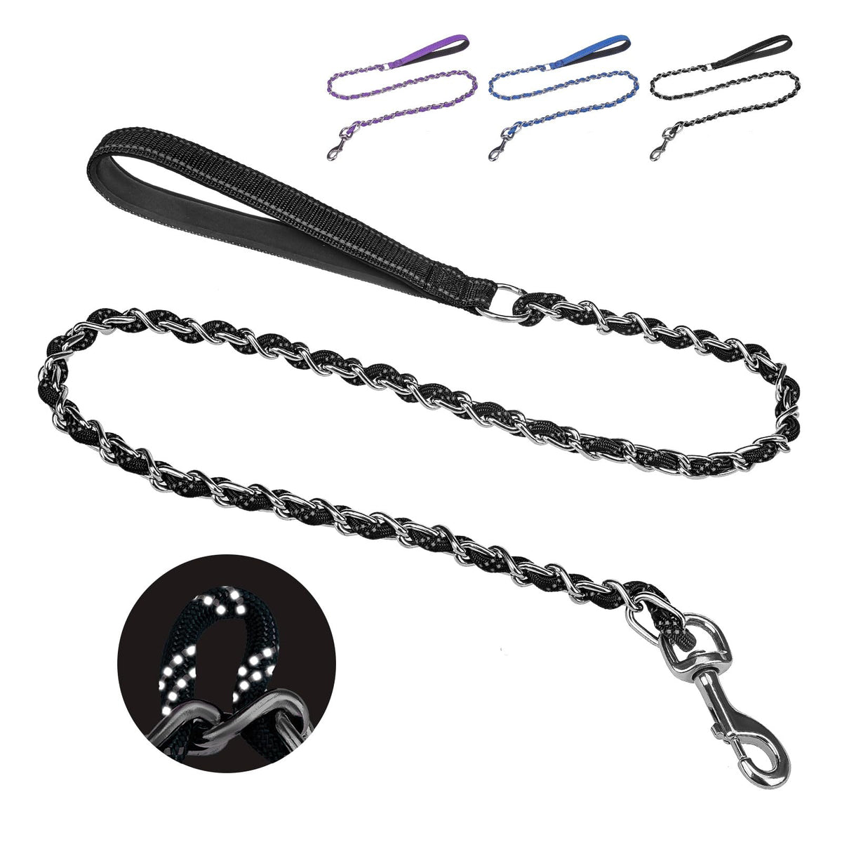 HOMIMP Chew Proof Dog Leash for Medium Large Dogs, Reflective 6 FT Heavy Duty Metal Chain Dog Leashes with Soft Padded Handle, Anti Bite Durable Rope Leashes for Pitbull, Non Chewable