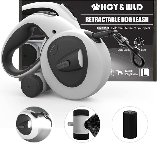4-in-1 Retractable Dog Leash with LED Light & Dispenser & Poop Bags
