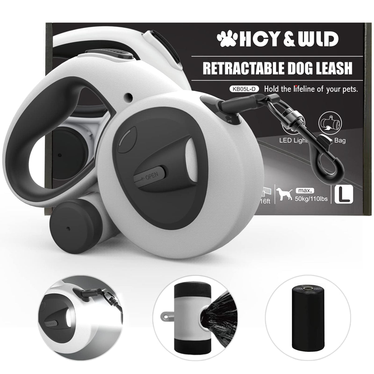 4-in-1 Retractable Dog Leash with LED Light & Dispenser & Poop Bags