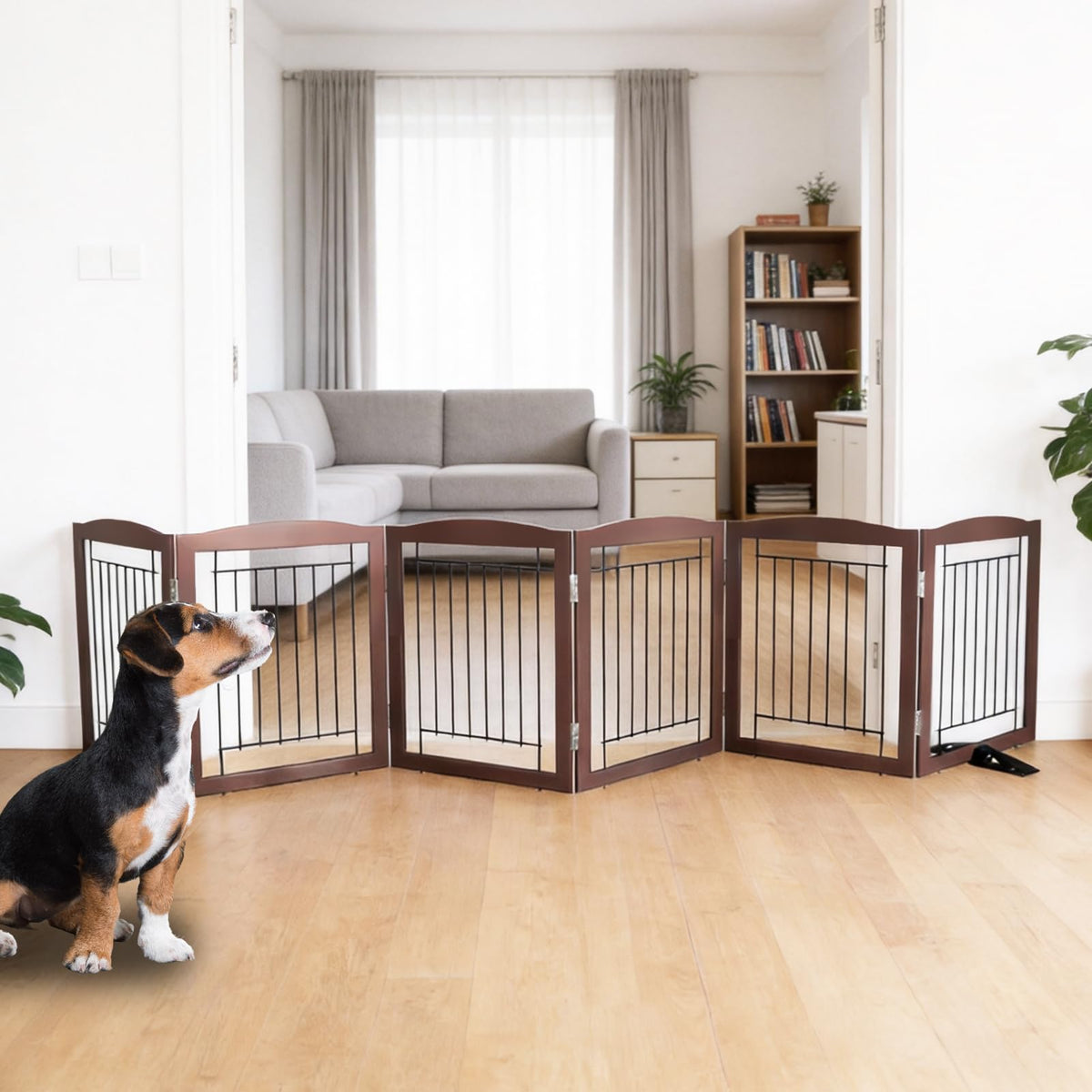 Dog Fence Indoor,Dog Gate Indoor for Doorway pet gate -3-Panel Freestanding, Hallways, House or Stairs -60x24-Inch Retractable Foldable Expandable Wood Pet by SFJC (Brown) ﻿