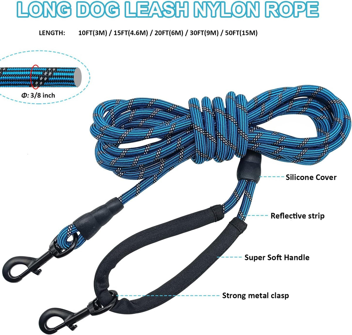 BTINESFUL Long Dog Leash, 10/15/20/30/50FT Dog Training Leash with Soft Handle, Reflective Heavy Duty Rope Dog Lead for Medium Large Dogs Outside Play, Camping (3/8" x 30ft, Blue)