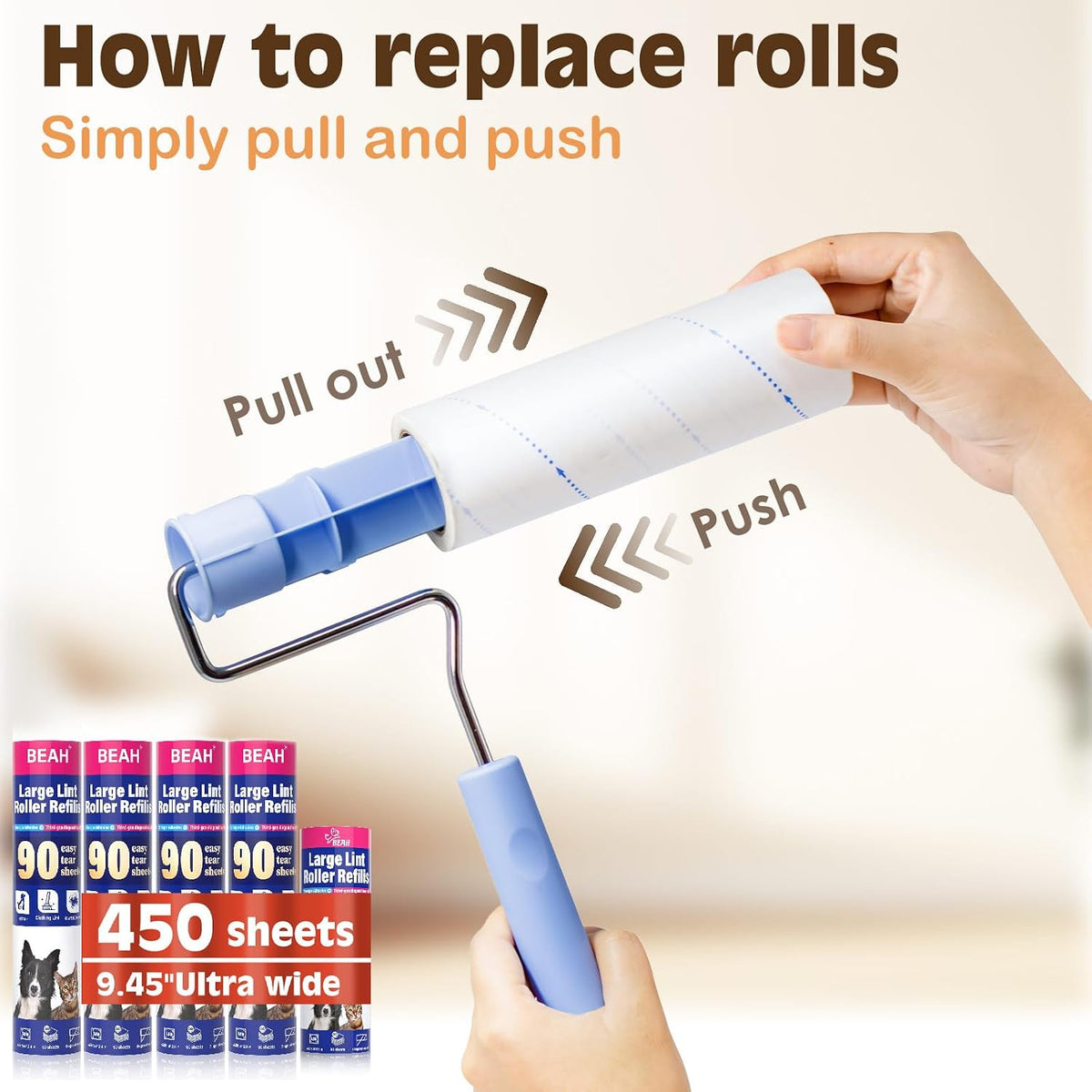 Lint Roller for Pet Hair Extra Sticky,10 Years Lifespan,9.45''/6.3" Pet Hair Removal Tool Roller for Pet Dog Cat Hair (1 Roller+4 Long Rolls 1 Short roll)
