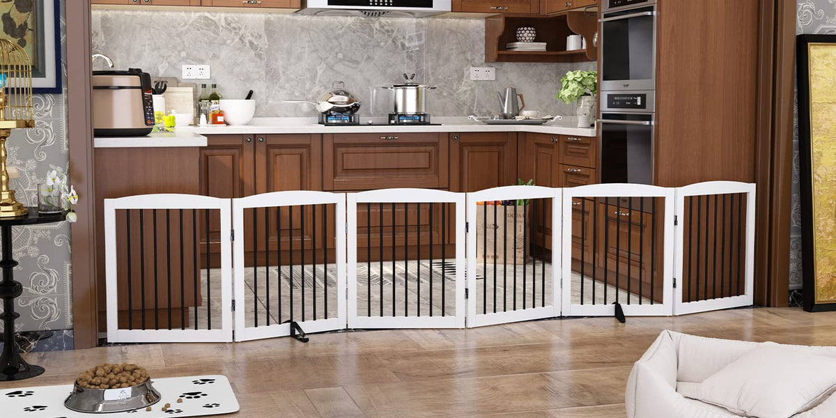 PUPETPO Freestanding Pet Gate for Dogs, Foldable Wooden Dog Gate for House, Indoor Pet Barrier for Stairs, Doorways, Support Feet Included, 24" Height 2 Panels, White