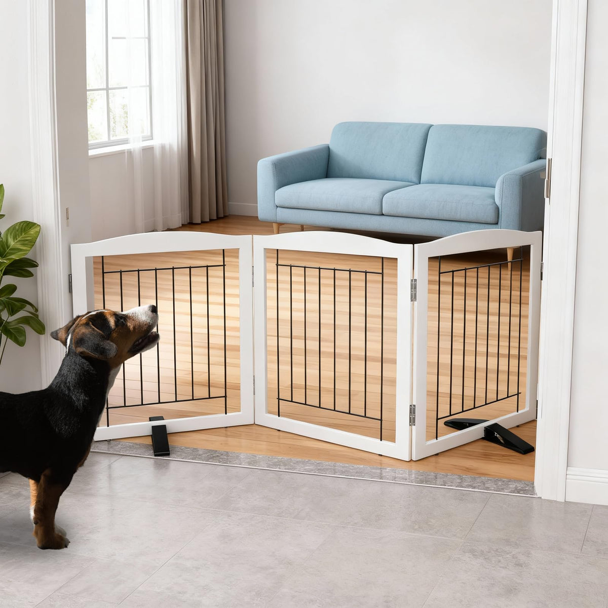 Dog Fence Indoor,Dog Gate Indoor for Doorway pet gate -3-Panel Freestanding, Hallways, House or Stairs -60x24-Inch Retractable Foldable Expandable Wood Pet by SFJC (Brown) ﻿