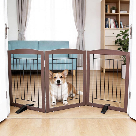 Dog Fence Indoor,Dog Gate Indoor for Doorway pet gate -3-Panel Freestanding, Hallways, House or Stairs -60x24-Inch Retractable Foldable Expandable Wood Pet by SFJC (Brown) ﻿