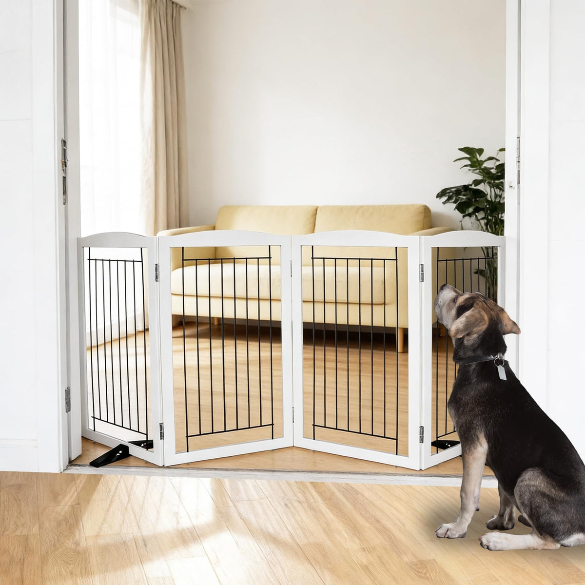 Dog Fence Indoor,Dog Gate Indoor for Doorway pet gate -3-Panel Freestanding, Hallways, House or Stairs -60x24-Inch Retractable Foldable Expandable Wood Pet by SFJC (Brown) ﻿