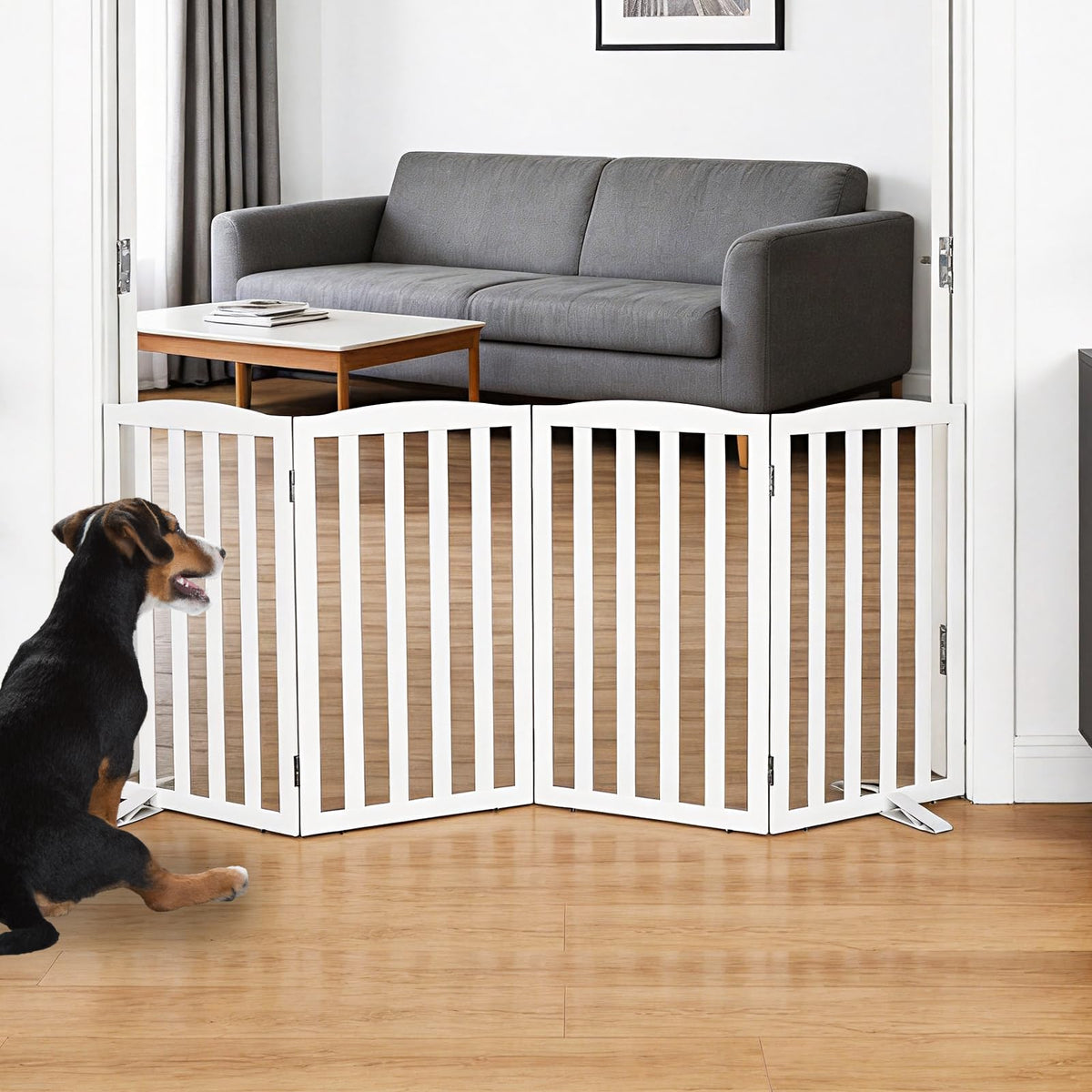 Freestanding Dog Gate Indoor,Doggie Gate Foldable Pet Gates for Doorways,Stairs or Hallways, Wooden Brown Pet Gate for the House, Pet Fence with Support Feet Included,24 "Height-2 Panels
