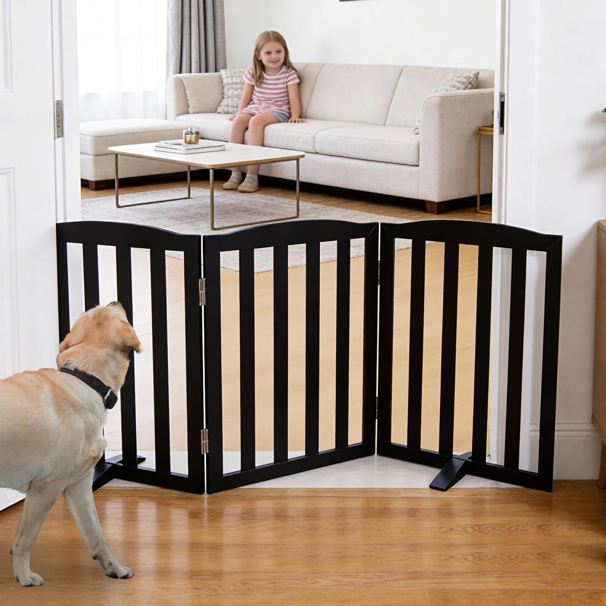 ZJSF Foldable Freestanding Indoor Dog Gate for House Wood White Long Pet Gates Dog Fence for Stairs Puppy Gates for Hallways,Pet Fence, Puppy Gate,Support Feet Included 24 "Height-3 Panels