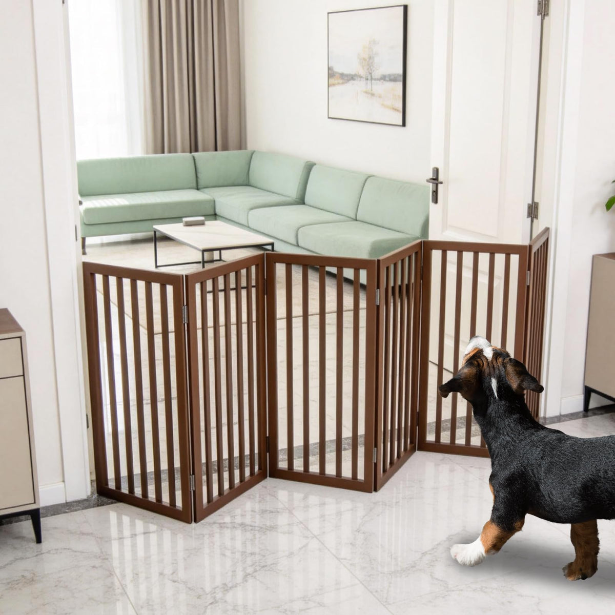 Dog Gate Indoor, Freestanding Dog Fence for The House, Doorways, Hallways,or Stairs,Pet Gate Foldable Wooden,Expandable 24" Height 3 Panels,Brown
