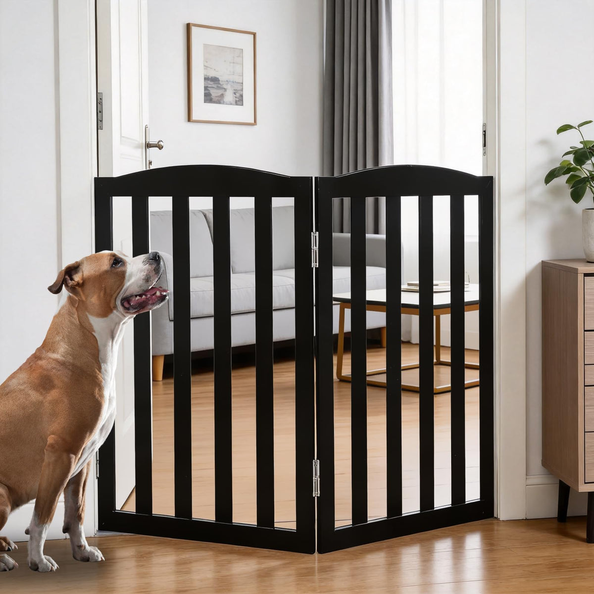 Freestanding Dog Gate Indoor,Doggie Gate Foldable Pet Gates for Doorways,Stairs or Hallways, Wooden White Pet Gate for the House, Pet Fence with Support Feet Included,24 "Height-3 Panels