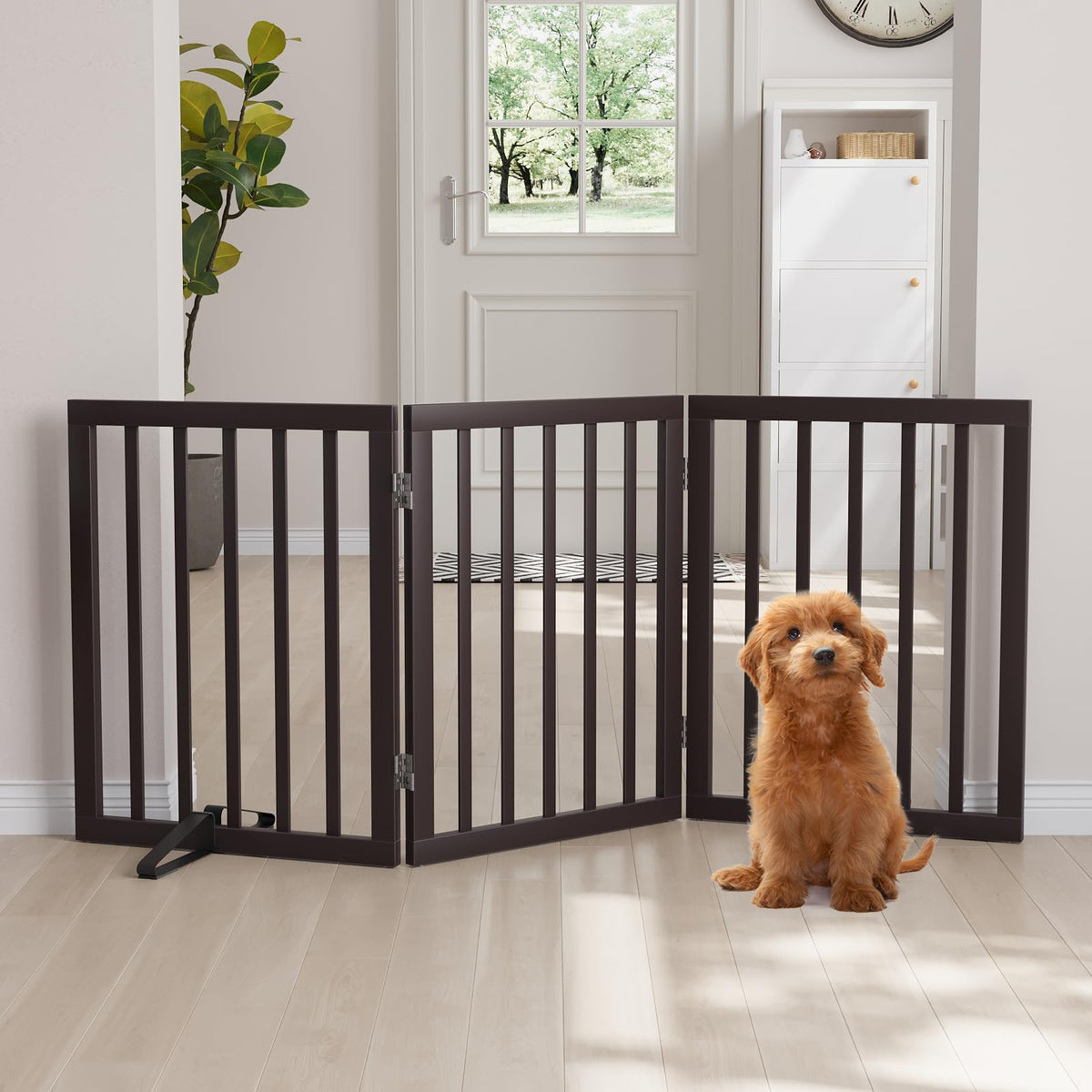 Semiocthome Dog Gate Indoor 2-Panel Freestanding Puppy Gates for The House with 2 Metal Stands 24" H Folding Wood Pet Gate for Stairs Doorway, Fully Assembled Safety Fence - Walnut