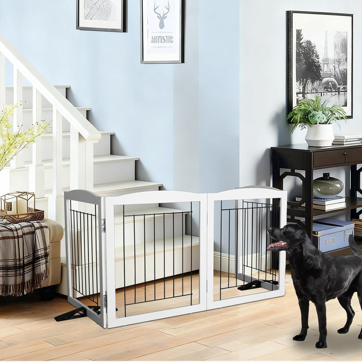 ZJSF Freestanding Dog Fence Indoor, Foldable Dog Gate for Doorways, Stairs or Hallways, Sturdy Wood Extra Wide Pet Gate with Support Feet for The House, White, 24 "Height-3 Panels
