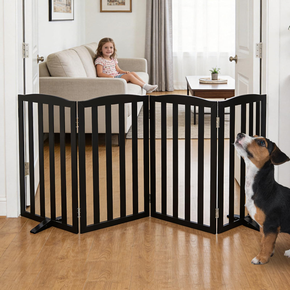 ZJSF Foldable Freestanding Indoor Dog Gate for House Wood White Long Pet Gates Dog Fence for Stairs Puppy Gates for Hallways,Pet Fence, Puppy Gate,Support Feet Included 24 "Height-3 Panels