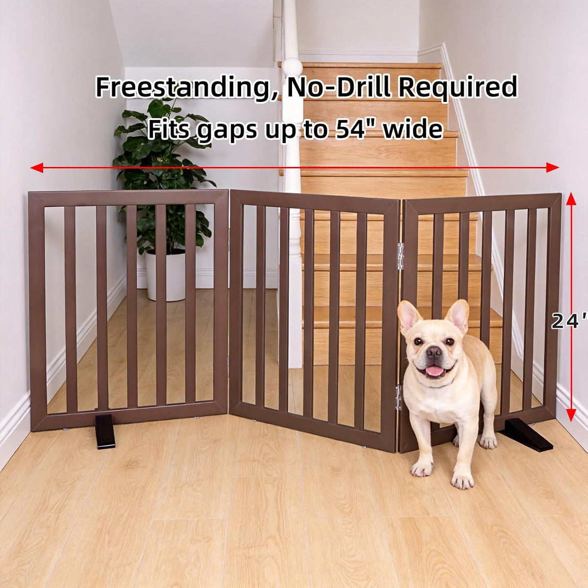 ZJSF Freestanding Indoor Dog Gate for House Foldable Wood Puppy Gate for Doorways Pet Gate for Stairs Extra Wide Pet Fence, Brown, 24" Height 3 Panels