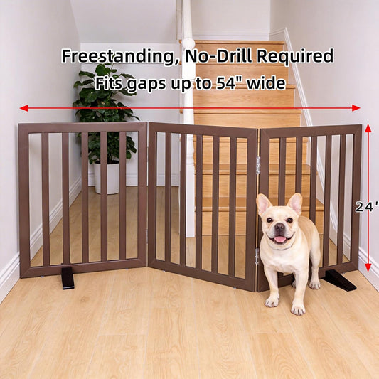 ZJSF Freestanding Indoor Dog Gate for House Foldable Wood Puppy Gate for Doorways Pet Gate for Stairs Extra Wide Pet Fence, Brown, 24" Height 3 Panels