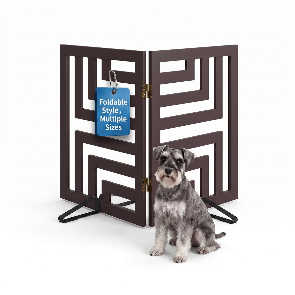 Semiocthome Dog Gate Wooden 360° Foldable 24 Inch Height Freestanding Pet Safety Gate with 2 Metals Stands for Puppy Indoor House Use (Brown, 2-Panel, Rounded Corner Pattern)