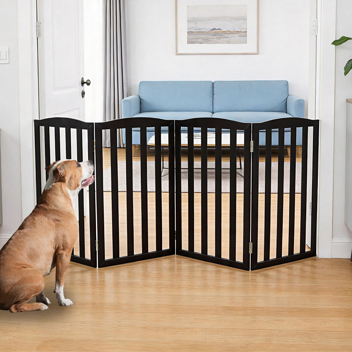 ZJSF Foldable Freestanding Indoor Dog Gate for House Wood White Long Pet Gates Dog Fence for Stairs Puppy Gates for Hallways, Puppy Gate,Support Feet Included, Brown, 24 "Height-3 Panels