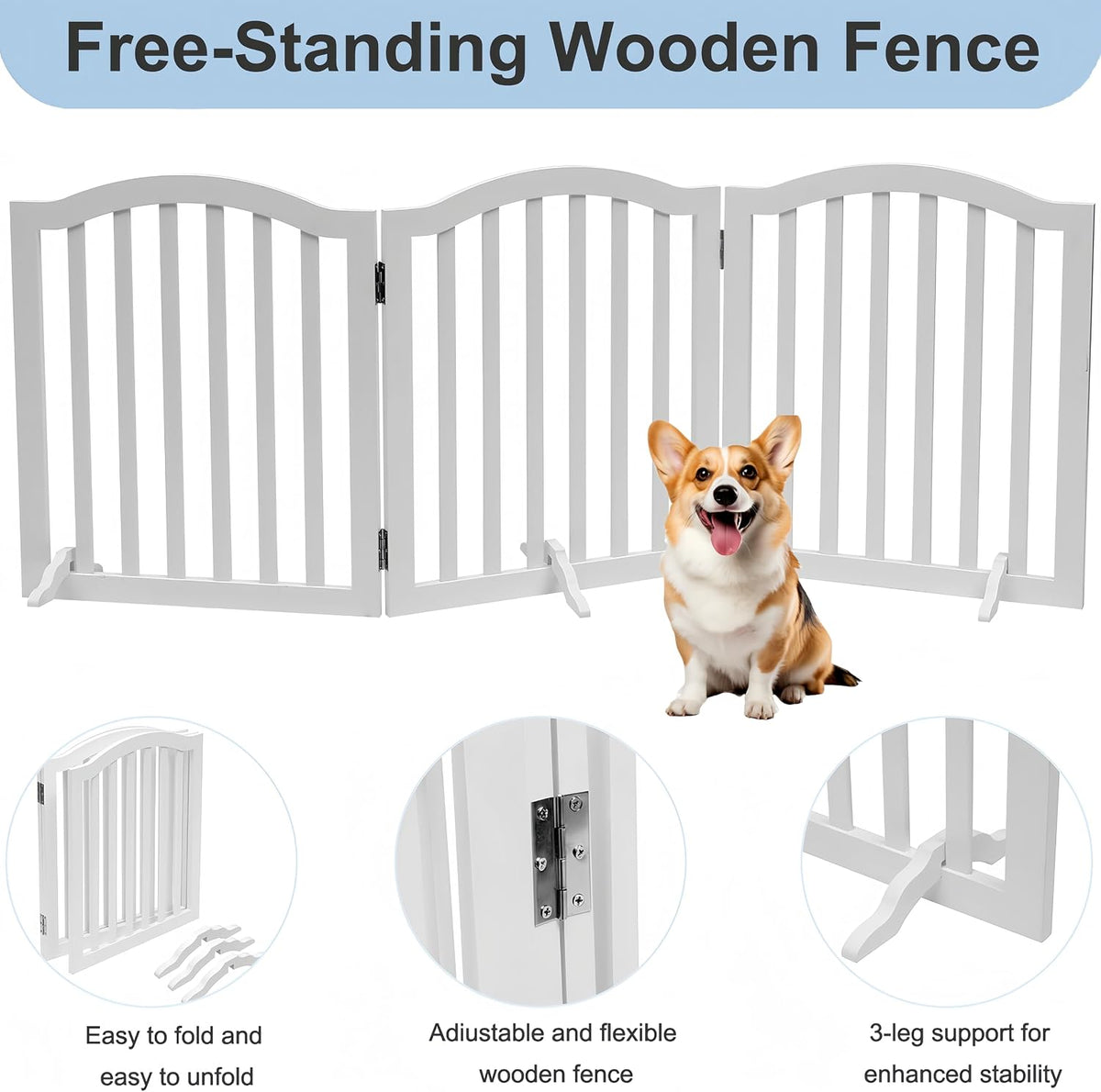 Foldable Wooden Dog Gate,3-Panel Freestanding Pet Fence,23.6 Inches,White