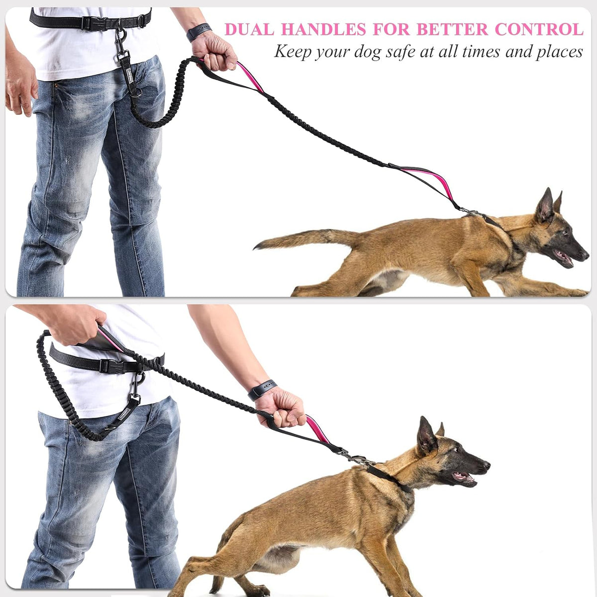VIVAGLORY Hands Free Dog Leash Bungee Waist Leash for Dog, S, Black/Pink2