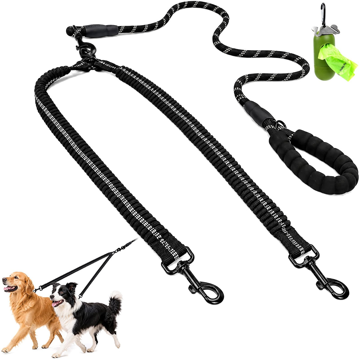 Taglory Double Dog Leash for Two Dogs No Tangle, Bungee Extension, Large