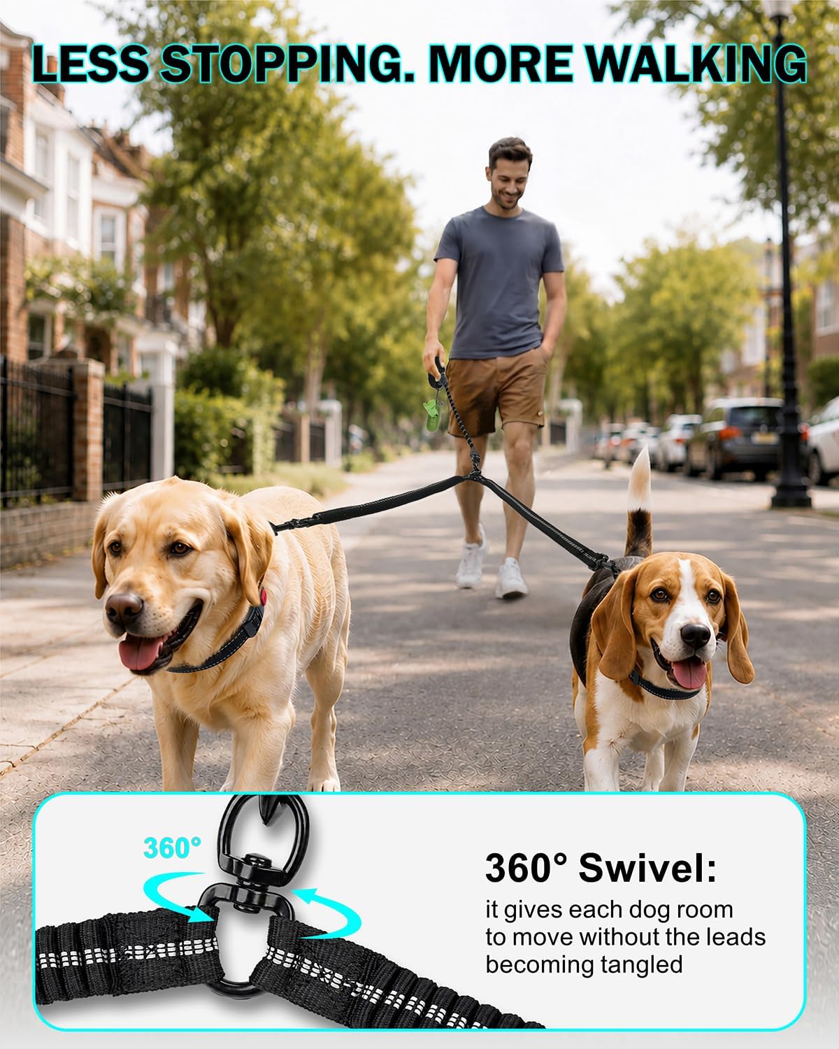 Taglory Double Dog Leash for Two Dogs No Tangle, Bungee Extension, Large
