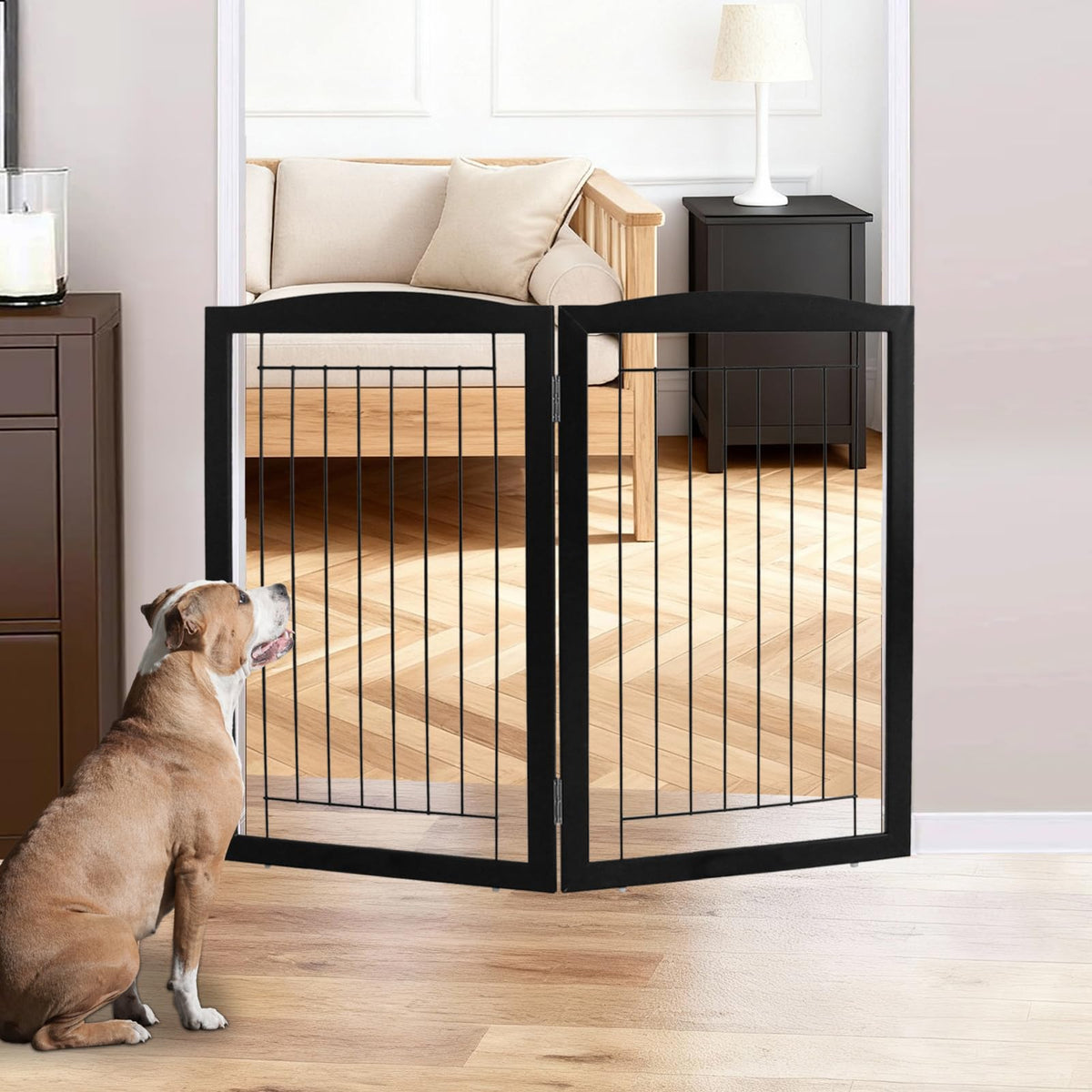 ZJSF Freestanding Foldable Dog Gate for House Extra Wide Wooden White Indoor Puppy Gate Stairs Doorways Pet Gate Tall Dog Fence 3 Panels Fence