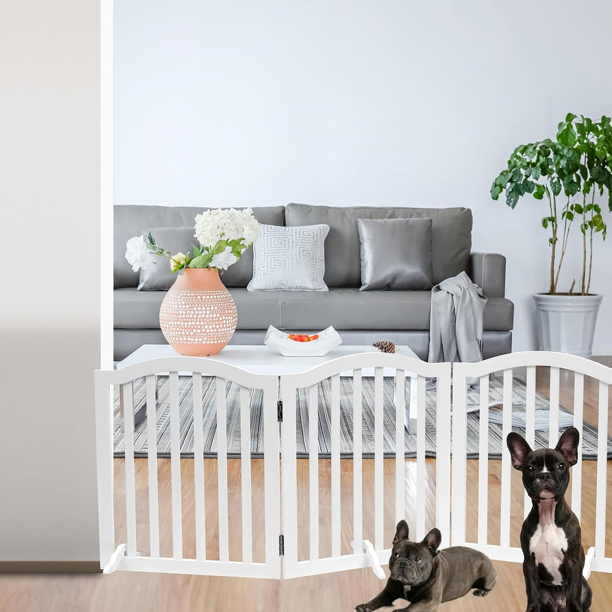 Foldable Wooden Dog Gate,3-Panel Freestanding Pet Fence,23.6 Inches,White