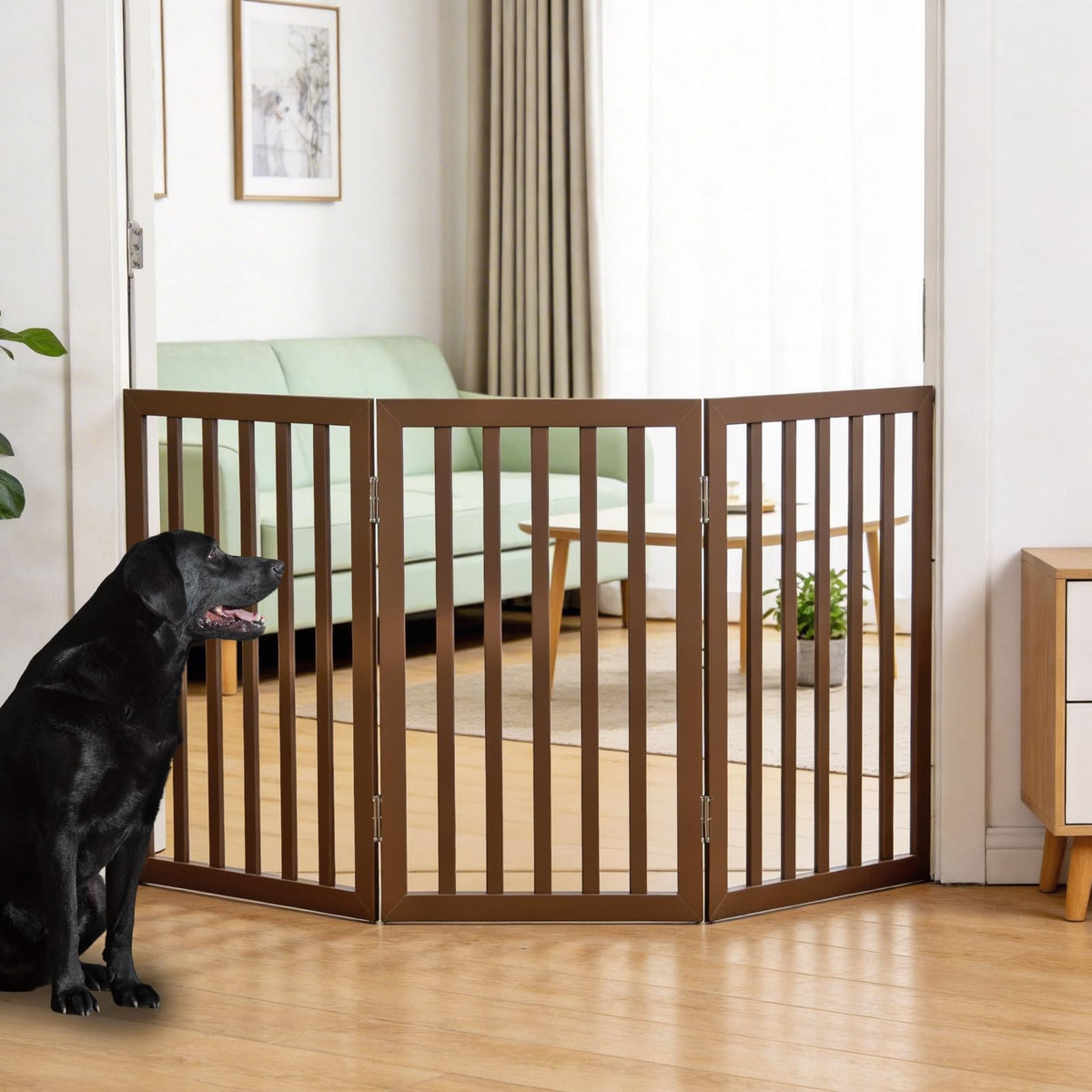 Dog Gate Indoor, Freestanding Dog Fence for The House, Doorways, Hallways,or Stairs,Pet Gate Foldable Wooden,Expandable 24" Height 3 Panels,Brown