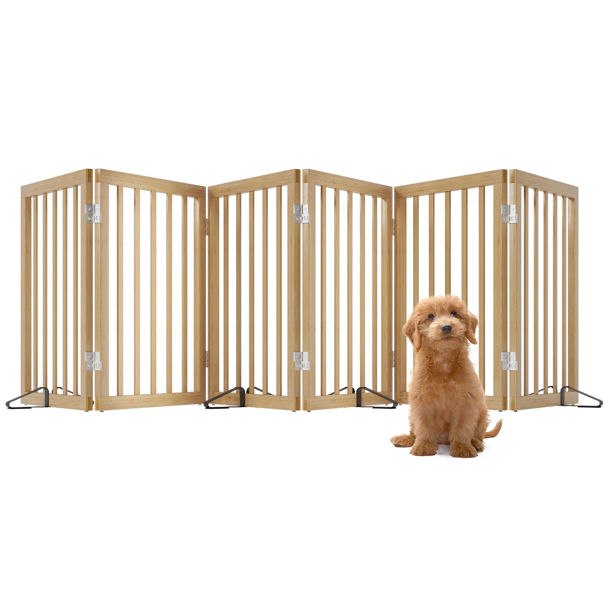Freestanding Pet Gate Foldable 4 Panel Dog Gate Walnut Dog Gates for Stair Doorways House Indoor (2 Support Feet Included)
