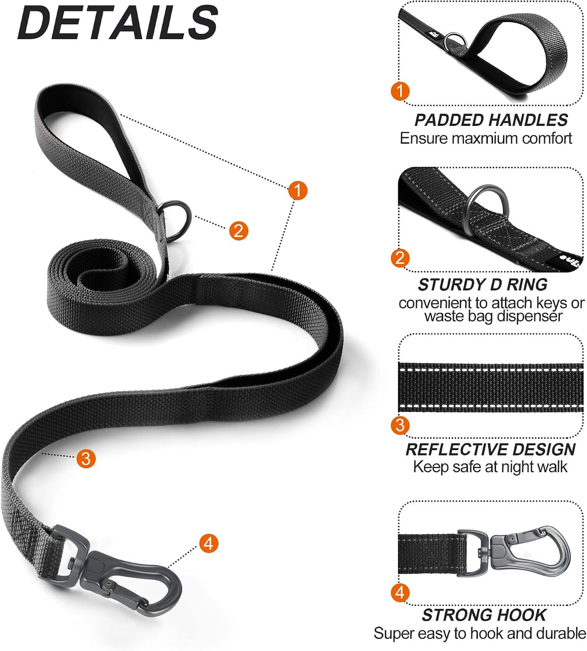 Twoear 6FT 1IN Heavy Duty Dog Leash for Large Dogs with 2 Padded Handles