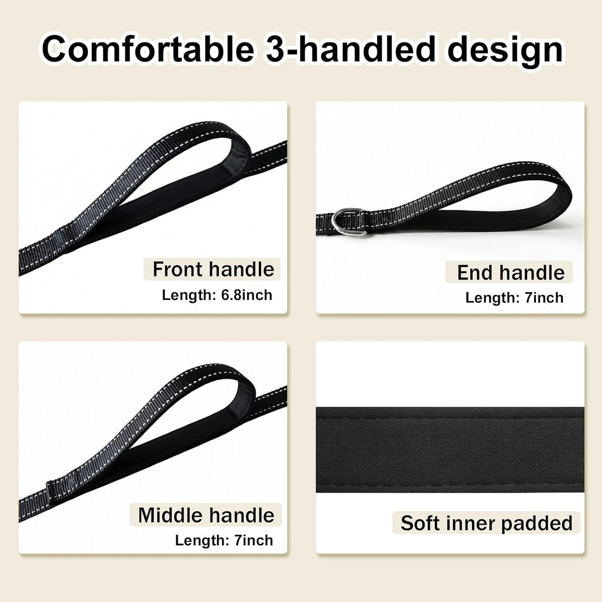 Triple Handle 6 ft Dog Leash with Padded Traffic Handles, Heavy Duty Reflective Walking Lead for Training Control, Strong Nylon Leashes for Medium Large Breed Dogs (Black)