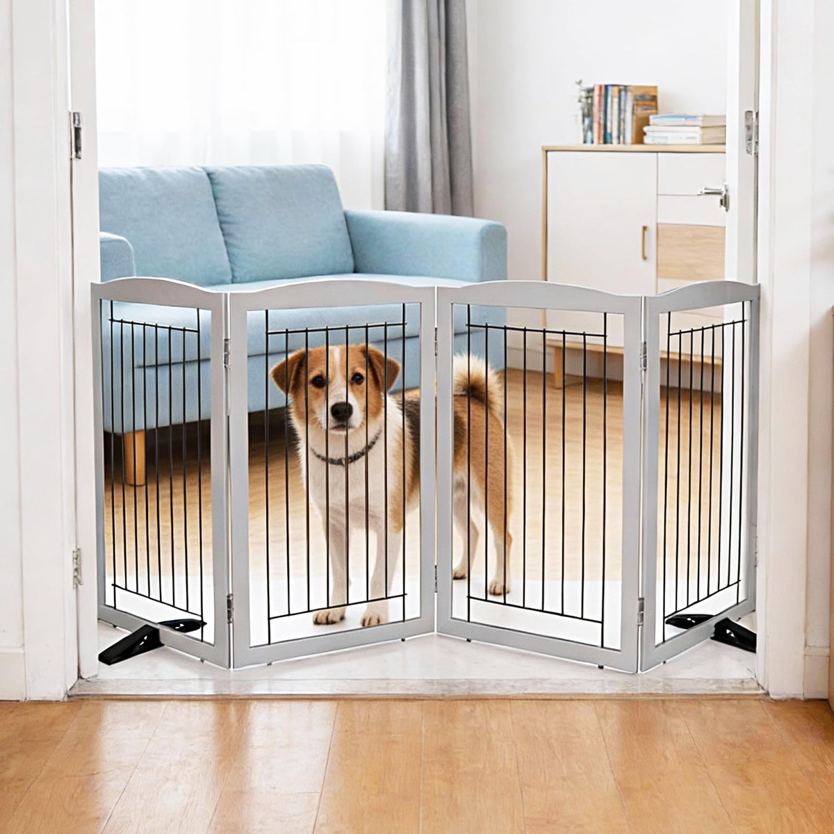 Dog Fence Indoor,Dog Gate Indoor for Doorway pet gate -3-Panel Freestanding, Hallways, House or Stairs -60x24-Inch Retractable Foldable Expandable Wood Pet by SFJC (Brown) ﻿