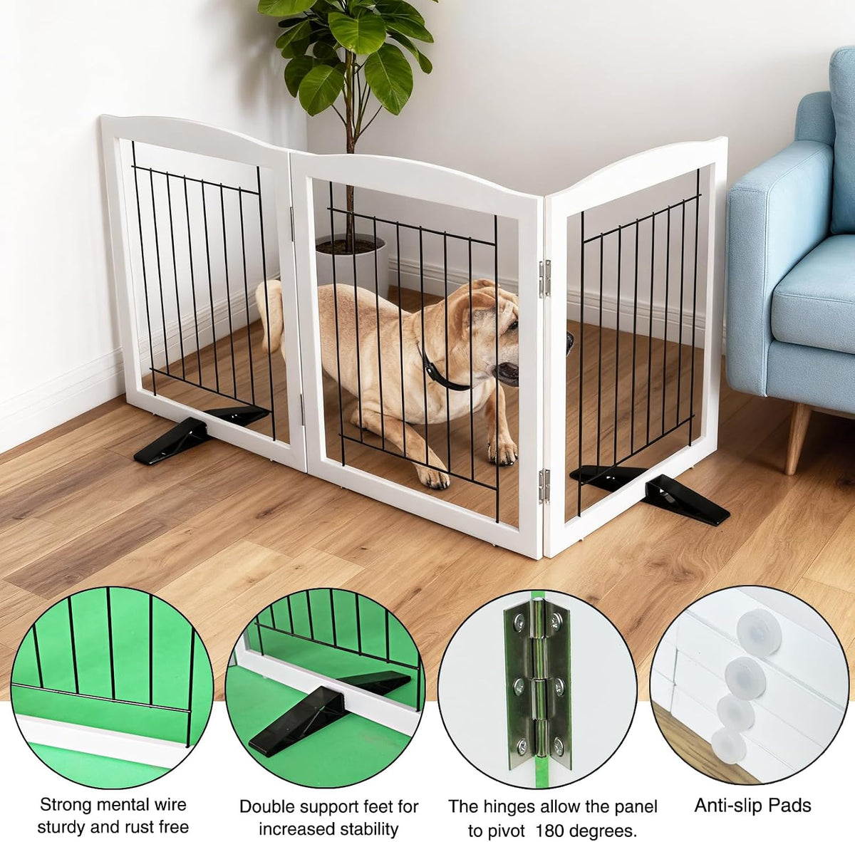ZJSF Freestanding Dog Fence Indoor, Foldable Dog Gate for Doorways, Stairs or Hallways, Sturdy Wood Extra Wide Pet Gate with Support Feet for The House, White, 24 "Height-3 Panels