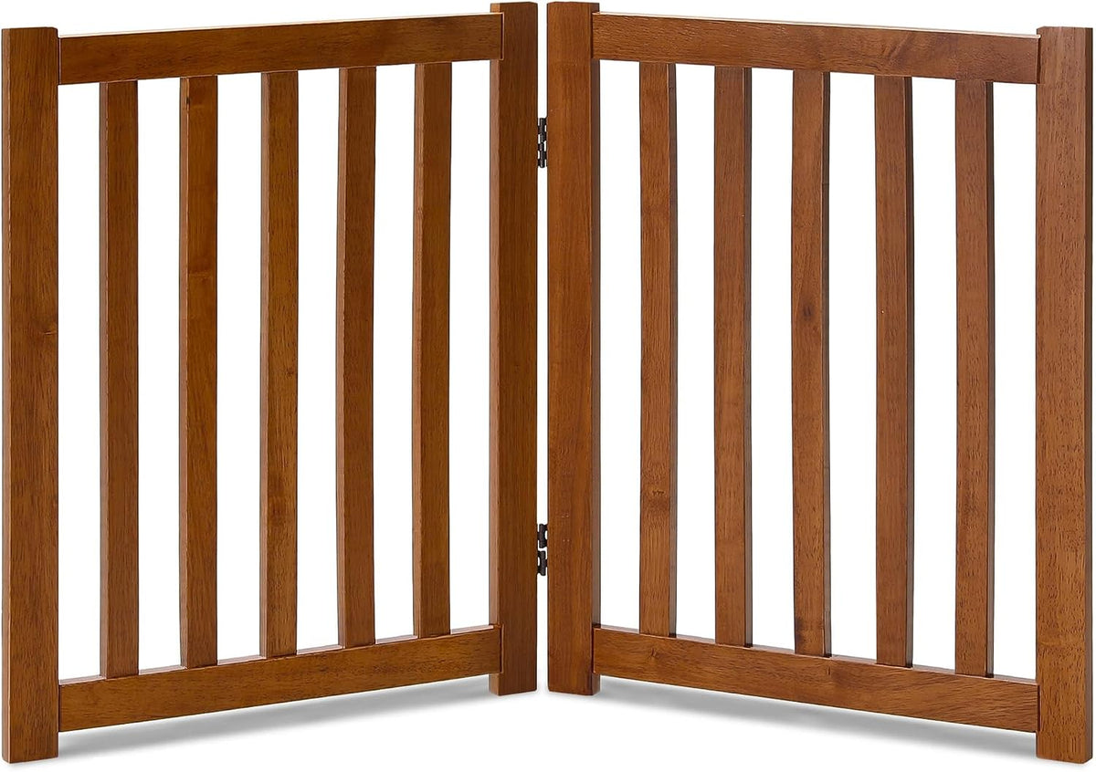 LZRS Wooden Free Standing Dog Gate 40" W x 24" H, Foldable Solid Hardwood Pet Safety Fence for House Doorways, Stairs, Hallways, Step-Over Pet Barrier, No Drill Easy Setup, Brown Oak