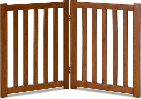 LZRS Wooden Free Standing Dog Gate 40" W x 24" H, Foldable Solid Hardwood Pet Safety Fence for House Doorways, Stairs, Hallways, Step-Over Pet Barrier, No Drill Easy Setup, Brown Oak
