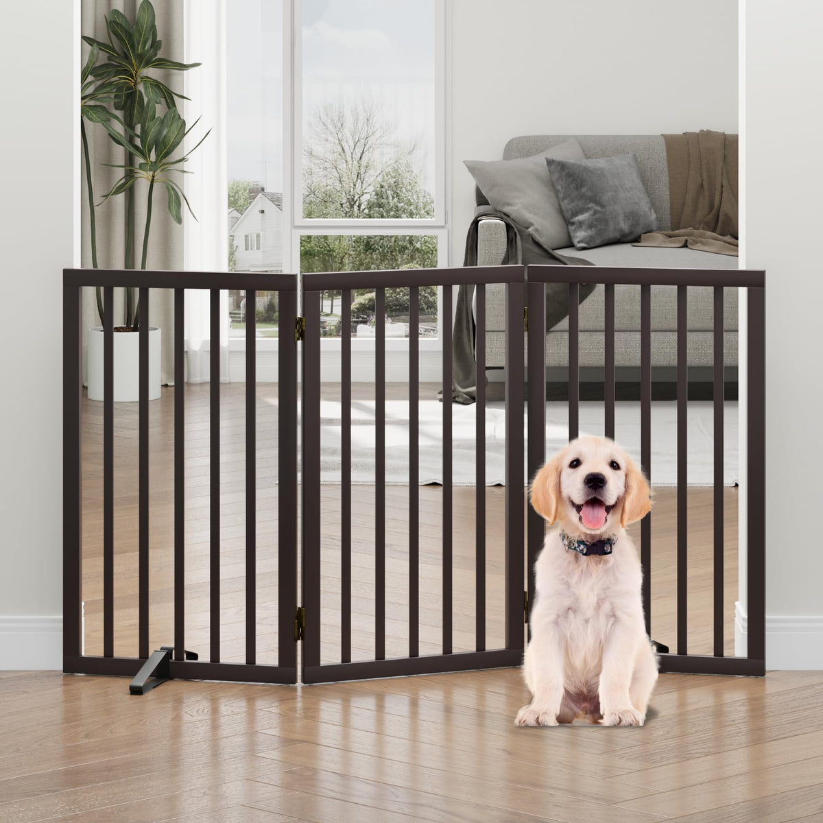 Dog Gates for Doorways, Tall Dog Gate Indoor, Foldable Pet Gates for Doorways Bedroom, Freestanding Puppy Gate with Metal Support Feet, Room Divider,3 Panels (Walnut)