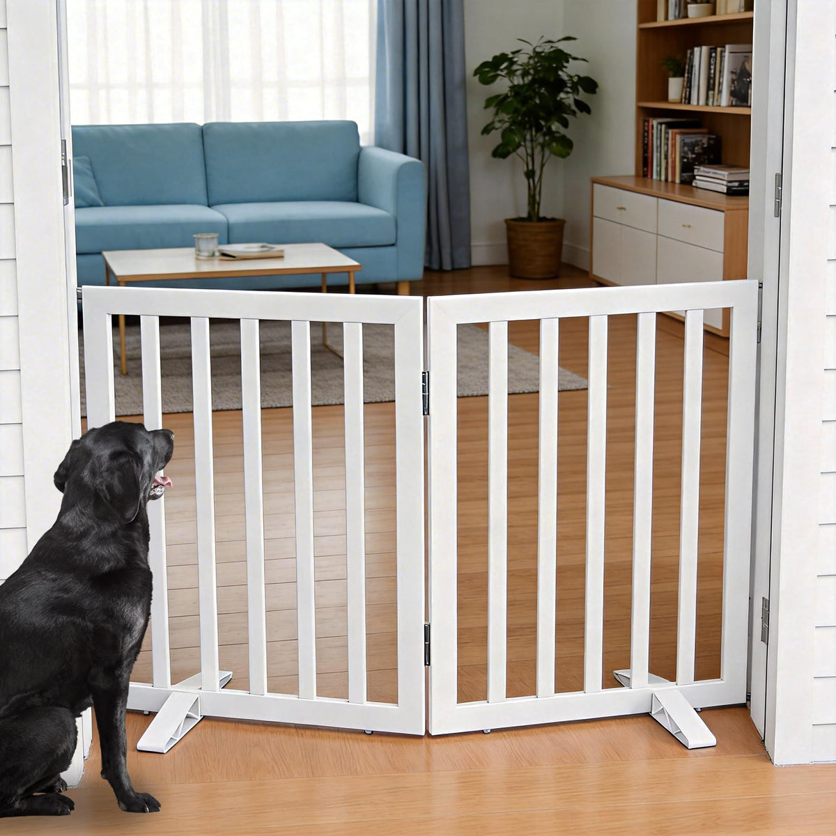 ZJSF Freestanding Indoor Dog Gate for House Foldable Wood Brown Puppy Gate for Doorways Pet Gate for Stairs Extra Wide Pet Fence 24" Height 2 Panels