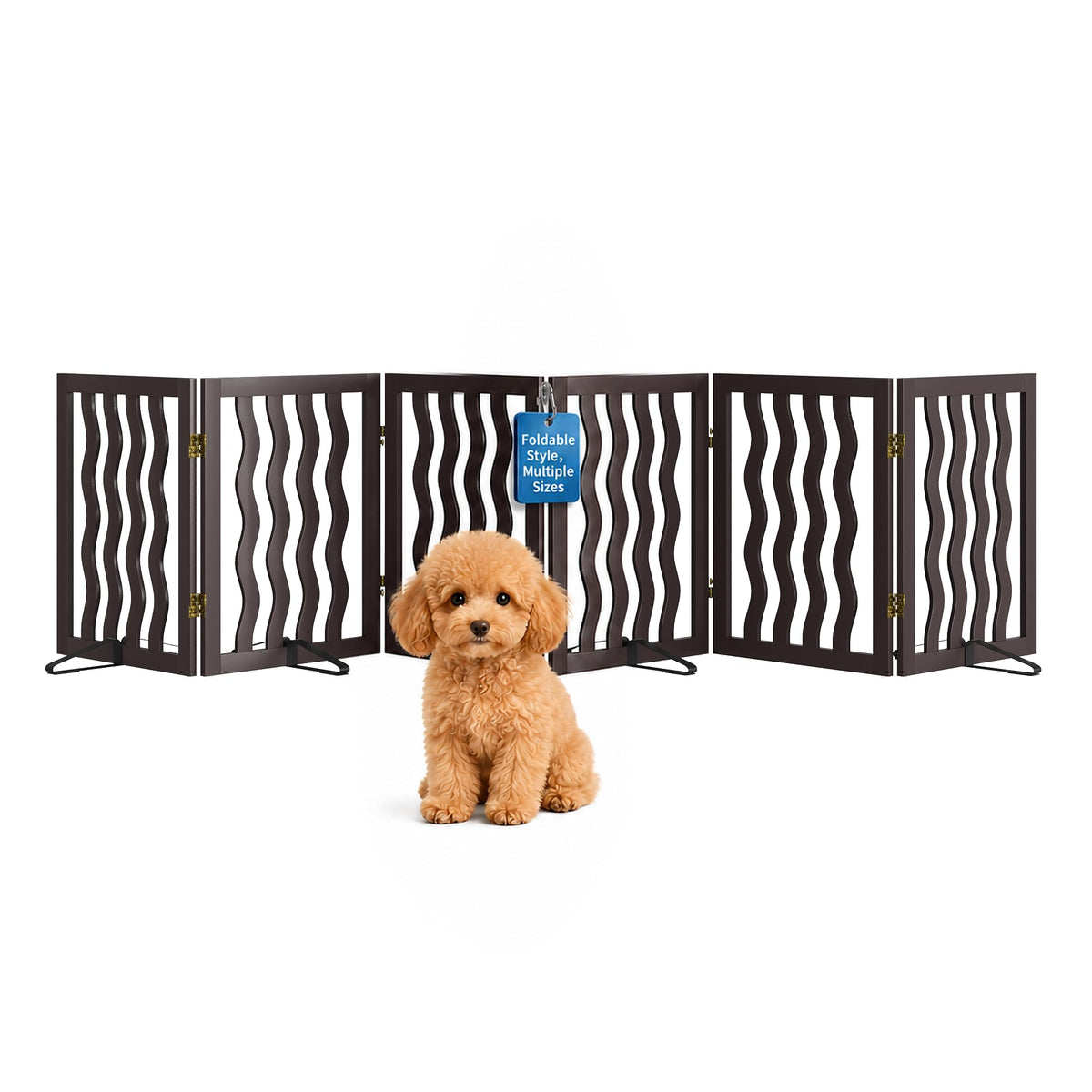 Semiocthome Dog Gate Wooden 360° Foldable 24 Inch Height Freestanding Pet Safety Gate with 2 Metals Stands for Puppy Indoor House Use (Brown, 2-Panel, Rounded Corner Pattern)